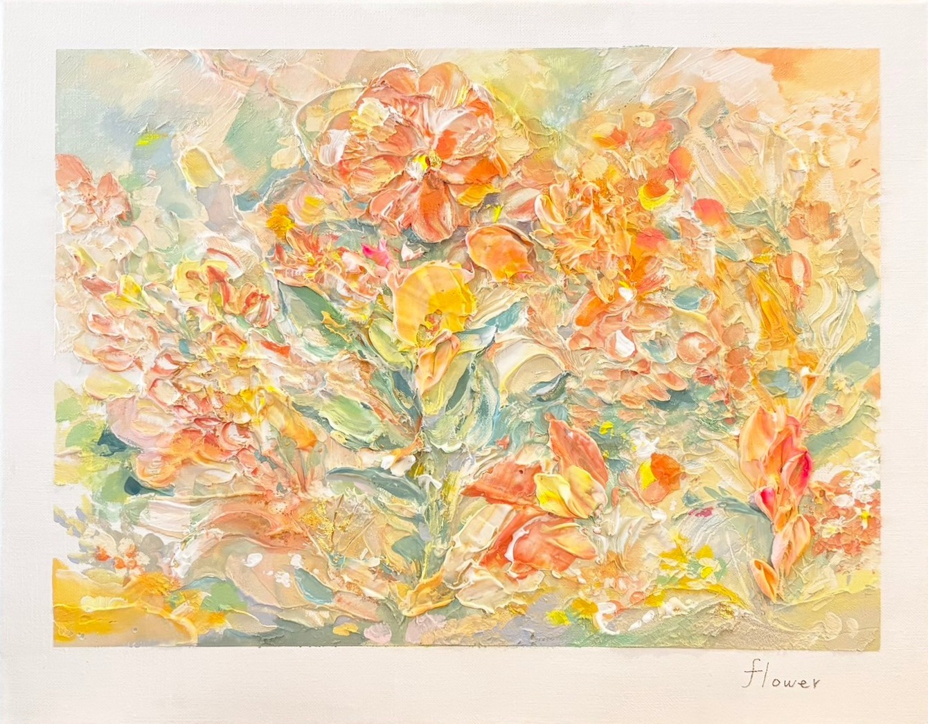 花をテーマにした、絵の具が盛り上がったやわらかな色の作品
